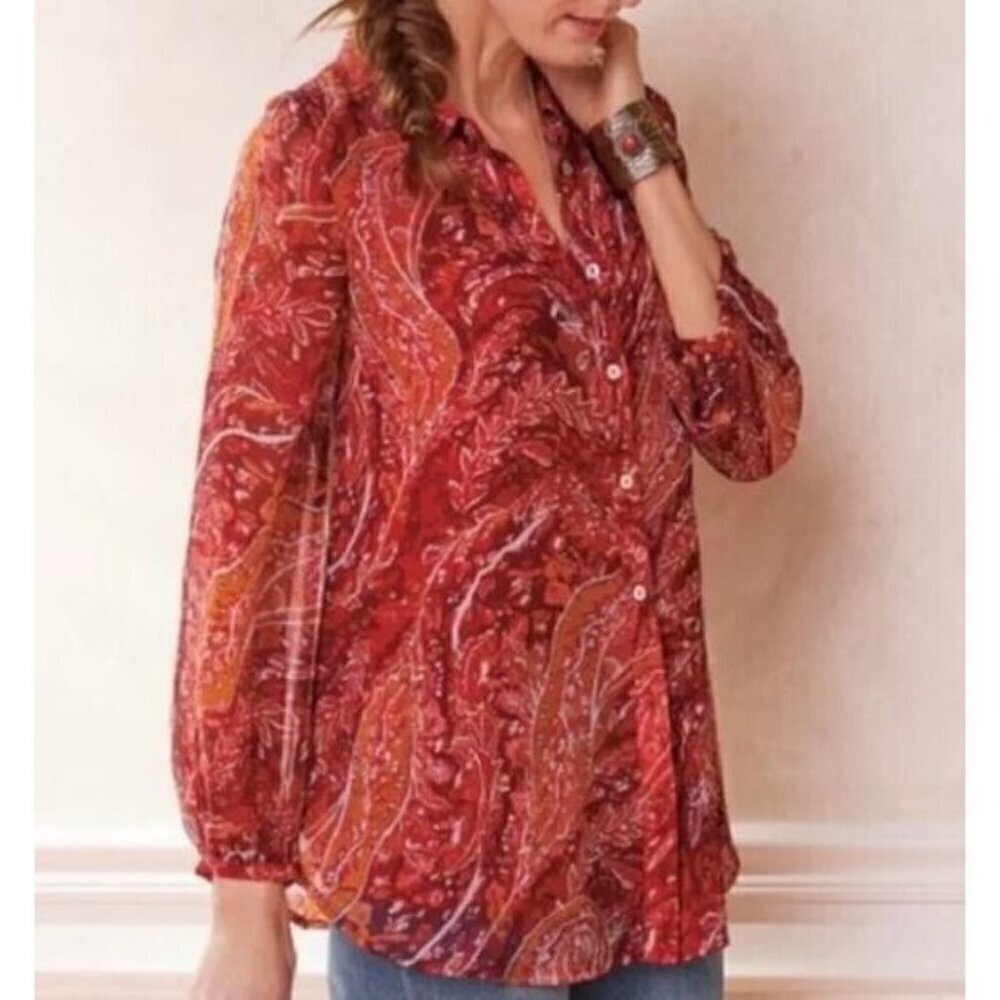 Soft Surroundings Top Womens Medium Red Paisley Cheyla Tunic Button Up Boho